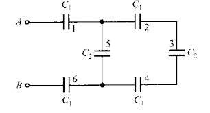 Image result for If C1 = 3pF and C2 = 2pF, calculate the equivalent capacitance of the given network between points A